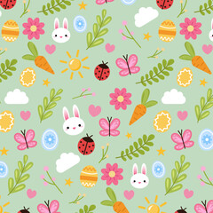 Easter seamless pattern. Spring pattern with colorful eggs, bunny, carrot, flowers for banners, posters, cover design templates, social media stories wallpapers and greeting cards.