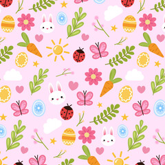 Easter seamless pattern. Spring pattern with colorful eggs, bunny, carrot, flowers for banners, posters, cover design templates, social media stories wallpapers and greeting cards.