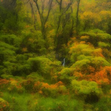 Wild landscape with trees , colorful and mystic
