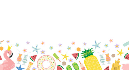 Bright seamless horizontal pattern with summer beach elements: flamingo and pineapple inflatable circle, ice cream, starfish, slippers, watermelon slices and cocktails. Flat style vector image. © Mariia Vaider
