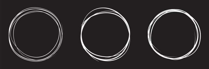 White circle line hand drawn set. Highlight hand drawing circle isolated on background. Round handwritten circle. For marking text, note, mark icon, number, marker pen, pencil and text check, vector