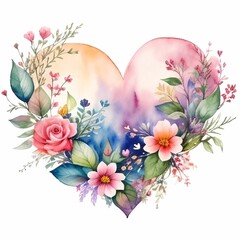 a watercolor heart with flowers and leaves on it's side, adorable watercolor painting, great print or postcard illustration, ai generated