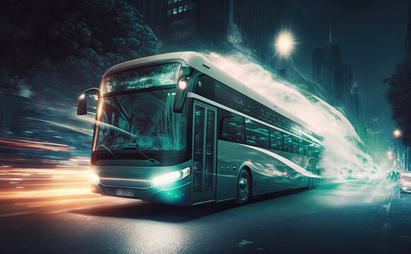 Conceptual hydrogen or electric bus powered by sustainable energy. Abstract illustration of green urban mobility. Generative AI