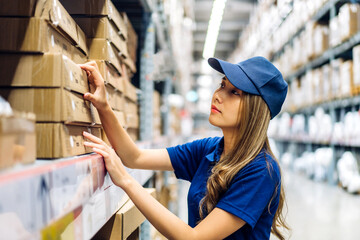 Portrait engineer asian woman shipping order detail check goods and supplies on shelves with goods background inventory in factory warehouse.logistic industry and business import export