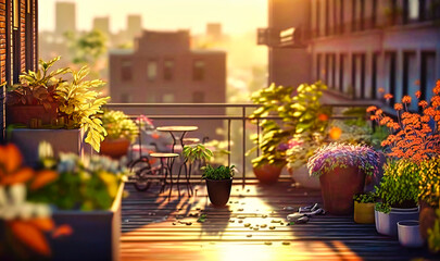 A relaxing terrace filled with potted plants, comfortable seating, and a view of the sunset