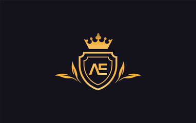 Shield with crown icon monogram symbol letter AE