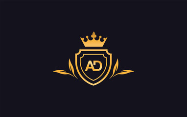 Shield with crown icon and Royal luxury crown monogram symbol. King with laurel wreath queen and crown logo design symbol