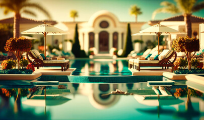 A luxurious pool area with sun loungers, parasols, and a swim-up bar