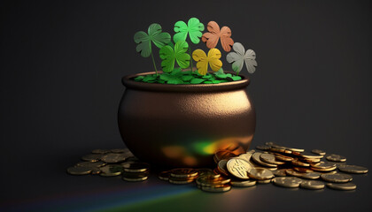 Pot of gold coins, clover leaves and rainbow. St. Patrick's day concept Ai, generative