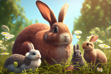 Mother hare with little hares on a green meadow. AI generated