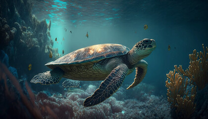 Obraz na płótnie Canvas Sea turtle swimming underwater in blue ocean water Ai, generative