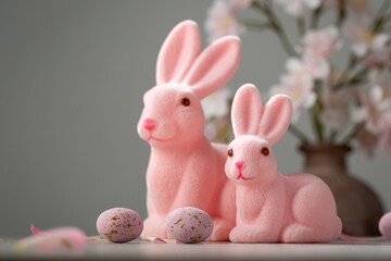 Small chocolate Easter eggs and decor pink bunny holiday still life