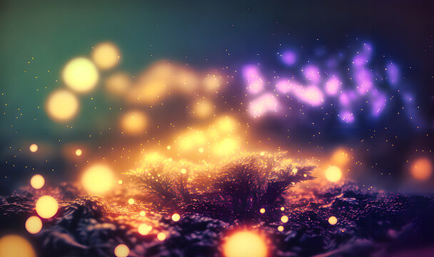 A bokeh background with blurred lights resembling foggy mist, creating an ethereal and enigmatic atmosphere