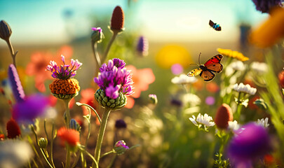 A field of wildflowers with buzzing bees, colorful butterflies, and a gentle breeze