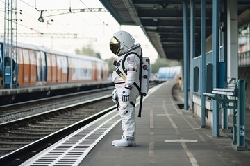 Ein Astronaut steht am Bahnsteig und wartet auf den Zug - obrazy, fototapety, plakaty