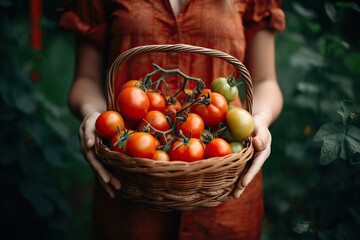 eine Frau trägt einen Korb mit Tomaten vor sich - obrazy, fototapety, plakaty