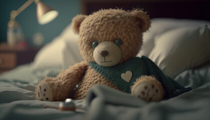Teddy bear with bandage laying in bed Ai, generative