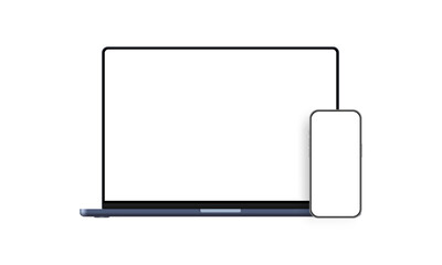 Laptop Dark-Blue, Smartphone With Blank Screens, Isolated on White Background. Vector Illustration