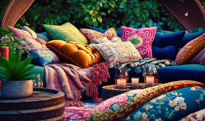 A boho-inspired outdoor lounge with floor cushions, tapestries, and a fire pit