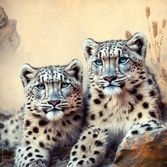 Two Snow Leopards resting in nature background Ai, generative