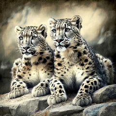 Two Snow Leopards resting in nature background Ai, generative