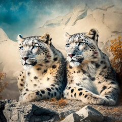 Obraz premium Two Snow Leopards resting in nature background Ai, generative