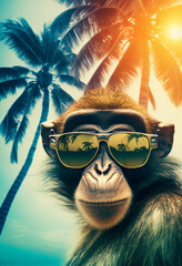 Portrait of Monkey in sunglasses at the resort. AI generated