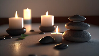 Fototapeta na wymiar Zen stones and burning candles in the room. Set for spa treatment and relax concept