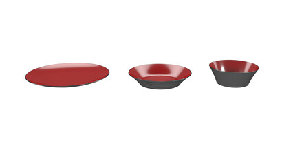 3 types of red and black color plates, mini bowl 3d rendering PNG use ad or food,  Colorful Melamine Set, Dinner set consisting of deep bowls, dinner plates, and side plates