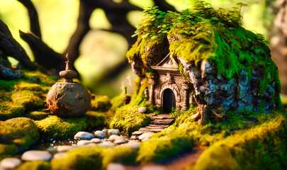 A mystical forest with a waterfall, a fairy house, and a winding trail