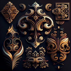 floral ORNAMENTS COLLECTION ON BLACK background. GENERATIVE AI