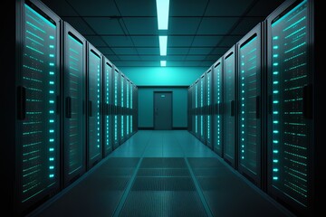 Modern Data Center Server Room with Rows of Server Racks