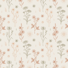 Meadow flowers seamless pattern. Hand drawn field wildflowers background. Vector illustration in sketch style. Aesthetic botany design