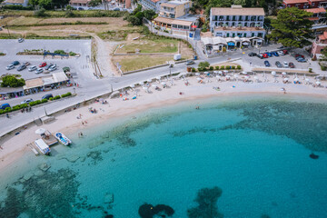Drone photo of Agios Spyridonas beach in Palaiokastritsa village, Corfu Island, Greece