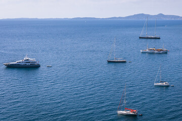 Fototapeta premium Boats on Garitsa Bay in Corfu city, view from Old Venetian Fortress, Greece