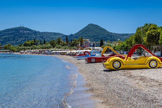 Beach in Moraitika town on Ionian Sea coast, Corfu Island, Greece