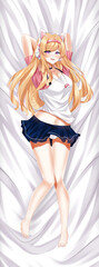 Sexy blonde 2D anime waifu girl laying in bed showing underwear dakimakura pillow