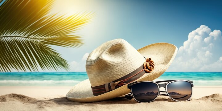 vacation and summer travel banner concept. Panama hat and sunglasses with a reflection of the sandy tropical beach and palm trees. Generative AI