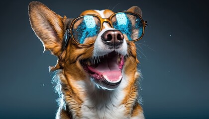 Pembroke welsh corgi  happy dog in glasses, isolate on trendy blue background. by ai generative