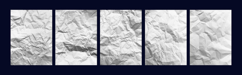 Set of blank white crumpled paper for poster texture overlay. wrinkled papers for background for mockup posters, flyer, brochure, and banner design