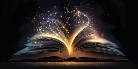 Magic Book With Open Pages And Abstract Lights Shining In Darkness - Literature And Fairytale Concept. Generative AI