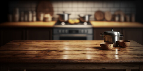 Fototapeta na wymiar Wooden Table In kitchen. copy space. Generative AI