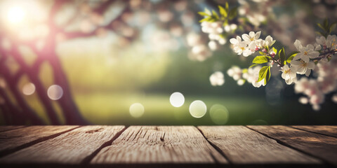 blossoms On Wooden Table In Garden on mountain With Bokeh Lights And Flare Effect. Generative AI