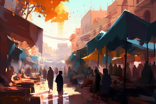 A bustling traditional Arab market. digital art illustration. generative AI.
