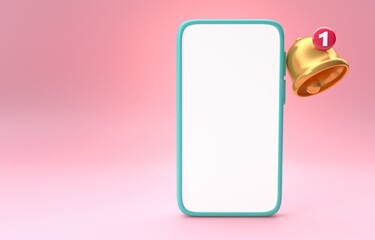 Notification Bell Icon with Mobile. 3D Illustration