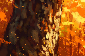 A close-up of a textured tree bark. digital art illustration. generative AI.