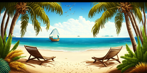 Sunny Tropical Sandy Beach With Palm Leaves And Paradise Island Generative AI