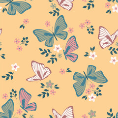 Spring theme seamless pattern with butterflies and flowers. Vector illustration.