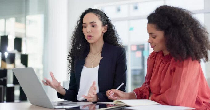 Coaching, intern and business people writing with mentor in office taking notes in meeting. Laptop, teaching and manager talking, explaining and training woman with notebook or project for learning.