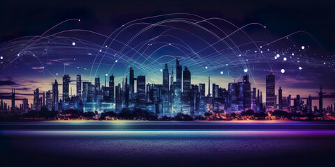 Smart city and Wireless communication network concept. abstract line connection on night city background. Generative AI